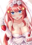  1girl bare_shoulders blue_eyes blush breasts bridal_veil cake cake_slice cleavage collarbone commentary dress elbow_gloves flower food fork fruit gloves go-toubun_no_hanayome hair_between_eyes hair_flower hair_ornament holding holding_fork holding_plate incoming_food large_breasts long_hair looking_at_viewer muwa12 nakano_itsuki open_mouth plate red_hair rose simple_background star_(symbol) star_hair_ornament strapless strapless_dress strawberry veil wedding_dress white_dress white_flower white_gloves white_rose 