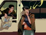  2boys black_hair black_shirt brown_jacket chang_bowen cigarette cowboy_shot facial_hair goatee grey_pants highres holding holding_cigarette holding_map itou_kaiji jacket kaiji long_hair long_sleeves looking_at_another looking_to_the_side male_focus map medium_bangs motor_vehicle multiple_boys open_clothes open_jacket open_mouth pants scar scar_on_cheek scar_on_face scar_on_hand shirt short_bangs short_hair smoke smoking undershirt van zvz_(tt82295946) 