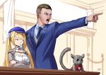  1boy 1girl absurdres ace_attorney blonde_hair blue_headwear blue_suit brown_eyes brown_hair character_request commentary courtroom crossed_arms dokibird_(vtuber) english_commentary green_eyes hair_ribbon highres indie_virtual_youtuber khoaphan96 long_hair necktie objection open_mouth ribbon senegal_bushbaby suit tail 
