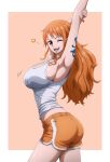  1girl absurdres arm_tattoo arms_up artist_name artist_request ass breasts brown_eyes commentary fingernails from_side highres large_breasts long_hair looking_at_viewer midriff_peek nami_(one_piece) one_eye_closed one_piece open_mouth orange_hair orange_shorts pink_background shiny_skin shirt shorts sideboob signature sleeveless sleeveless_shirt tattoo teeth thighs upper_teeth_only white_shirt 