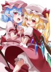  2girls :d absurdres ascot bat_wings blonde_hair blue_gemstone blue_hair blurry bow crystal_wings depth_of_field detached_wings flandre_scarlet frilled_hat frilled_shorts frilled_sleeves frills gem hair_between_eyes hat hat_bow highres holding_hands looking_at_viewer looking_back medium_hair mob_cap multiple_girls open_mouth pointy_ears puffy_short_sleeves puffy_sleeves red_ascot red_eyes red_footwear red_skirt red_vest remilia_scarlet shirt shoe_soles shoes short_sleeves shorts siblings side_ponytail sidelocks sisters skirt smile suikario touhou vest white_background white_headwear white_shirt white_shorts wings wrist_cuffs 