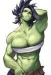  1girl abs absurdres arm_behind_head armpits bandages biceps black_hair breasts chest_sarashi cleavage collarbone colored_skin female_orc green_skin highres holding_pants large_breasts looking_at_viewer messy_hair muscular muscular_female navel orc original red_eyes reksha_(whatatruehero) sarashi short_hair simple_background solo sotcho tusks upper_body white_background 