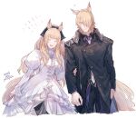  1boy 1girl animal_ear_fluff animal_ears arknights black_coat black_pants blemishine_(arknights) blemishine_(elite_ii)_(arknights) blonde_hair blue_shirt closed_eyes coat collared_shirt cropped_legs dated dress hair_over_one_eye holding_another&#039;s_arm horse_boy horse_ears horse_tail long_hair long_sleeves mlynar_(arknights) necktie oisyox72 pants puffy_sleeves shirt short_hair signature simple_background tail uncle_and_niece white_background white_dress white_necktie 