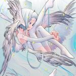  1girl angel angel_wings bare_shoulders detached_sleeves feathered_wings flat_chest grey_eyes highres hugging_own_legs kaede_(shijie_heping) knees_to_chest multiple_wings oil_painting_(medium) original painting_(medium) profile seraph short_hair solo thighhighs traditional_media white_hair white_thighhighs wings 