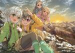  4girls absurdres aoba_kokona backpack bag black_hair blue_eyes blue_jacket boots cloud duang_(user_tsag8258) green_eyes green_jacket grey_hair grin hair_ornament hairclip highres jacket kuraue_hinata leg_warmers mountain mountainous_horizon multiple_girls open_mouth outdoors pantyhose pink_eyes pink_jacket purple_eyes rock saitou_kaede_(yama_no_susume) shorts sitting smile snow sunrise yama_no_susume yellow_jacket yukimura_aoi 