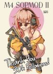  1girl absurdres artist_name assault_rifle black_nails brown_hair can cigarette english_text girls&#039;_frontline glasses gun highres holding holding_can holding_cigarette jacket lemonade m4_carbine m4_sopmod_ii_(girls&#039;_frontline) multicolored_hair optical_sight red_eyes rifle sign snafu_(snafy_snu) solo squatting streaked_hair warning_sign weapon white_background yellow_jacket 