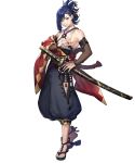  1boy bare_shoulders blue_hair fire_emblem fire_emblem_engage fire_emblem_heroes h hair_ornament hair_over_one_eye hair_up hairclip highres holding holding_sheath holding_sword holding_weapon japanese_clothes kagetsu_(fire_emblem) katana looking_at_viewer non-web_source official_art sandals sheath smile solo sword tachi-e weapon 