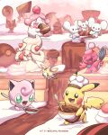 :d alcremie chef_hat chocolate commentary cutiefly food fruit fuecoco green_eyes hat highres holding jigglypuff kelvin-trainerk maushold maushold_(family_of_three) mixing_bowl no_humans open_mouth pikachu pokemon pokemon_(creature) quaxly slurpuff smile spoon sprigatito strawberry themed_object tinkatink tongue twitter_username watermark white_headwear 