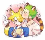  2boys animal_ear_fluff animal_ears annoyed artist_name blonde_hair blush cigarette closed_eyes collarbone commentary commentary_request curly_eyebrows earrings food fox_boy fox_ears fox_tail green_hair hair_over_one_eye holding holding_knife jewelry knife long_bangs male_focus mitsubachi_koucha multiple_boys nose_blush one_piece partial_commentary peeling roronoa_zoro sanji_(one_piece) short_hair simple_background single_earring smelling tail thought_bubble tiger_boy tiger_ears tiger_tail translated upper_body v-shaped_eyebrows 