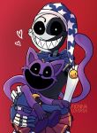 &lt;3 animatronic anthro catnap_(poppy_playtime) clothed clothing domestic_cat dot_eyes duo felid feline felis fionnalover16 five_nights_at_freddy&#039;s five_nights_at_freddy&#039;s:_security_breach hat headgear headwear hi_res holding_another jewelry machine male mammal moon_(fnaf) necklace open_mouth open_smile poppy_playtime red_background robot scottgames simple_background smile smiling_critters steel_wool_studios