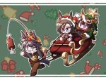  3girls air_groove_(are_you_merry?)_(umamusume) air_groove_(umamusume) animal_costume animal_ears bandaid bandaid_on_face bandaid_on_nose bell black_hair blue_eyes box brown_hair candy candy_cane carrot_on_stick chest_harness chibi christmas_tree_costume clenched_hands closed_mouth food gift gift_box harness hat holding holding_reins holly horse_ears horse_girl horse_tail korean_commentary multiple_girls narita_brian_(umamusume) neck_bell open_mouth purple_eyes red_headwear reindeer_costume reins santa_hat short_hair sitting sleigh smile sparkle symboli_rudolf_(christmas_emperor_tree)_(umamusume) symboli_rudolf_(umamusume) tail taisaaa umamusume yellow_eyes 