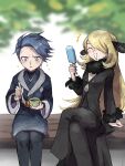  2girls blonde_hair blue_eyes blue_hair closed_eyes crossed_legs cyllene_(pokemon) cynthia_(pokemon) eating food hair_over_one_eye highres holding holding_food holding_ice_cream holding_popsicle holding_spoon ice_cream japanese_clothes long_hair multiple_girls no_eyebrows pokemon pokemon_dppt pokemon_legends:_arceus popsicle short_hair simple_background sitting sparkle sparkling_eyes spoon tachibana_yae_(kanzaki_kura) 