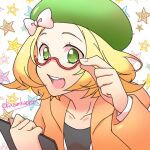  1girl bianca_(pokemon) blonde_hair collarbone green_eyes green_headwear jacket kaori_kazuma open_mouth orange_jacket pokemon pokemon_bw2 red-framed_eyewear smile solo star_(symbol) twitter_username upper_body 