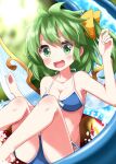  1girl barefoot bikini blue_bikini blush bow bow_bikini breasts cleavage collarbone commentary_request daiyousei fairy_wings green_eyes green_hair hair_bow hair_ribbon halterneck highres innertube legs looking_at_viewer messy_hair one_side_up open_mouth ribbon ruu_(tksymkw) side-tie_bikini_bottom side_part sitting small_breasts solo swim_ring swimsuit thighs touhou water water_slide wings yellow_ribbon 