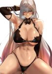  1girl abs bikini black_bikini blue_eyes blush bracelet breasts cleavage collar elbow_gloves fate/grand_order fate_(series) gloves grey_hair highleg highleg_panties highres huge_breasts jewelry jikihatiman long_hair multicolored_hair panties pink_hair steam swimsuit tan thick_thighs thighs torn_clothes underwear very_long_hair zenobia_(fate) 