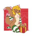 absurd_res anthro big_tail brown_body christmas clothing flirting footwear foreskin fur genitals gift gift_box hair hi_res holidays kangaroo katxfish long_hair long_socks macropod male mammal marsupial mistletoe navel nipples nude penis plant socks solo tail wide_hips yellow_body yellow_fur