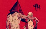  1boy 1girl blonde_hair blood breasts cleavage covered_face dress facing_away hat holding holding_weapon jacket lisa_garland muscular muscular_male nurse_cap pyramid_head red_background red_theme shokugyo silent_hill_(series) tally tank_top weapon 