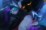 &lt;3 absurd_res ambiguous_gender anthro biped blue_eyes blush bodily_fluids bottomless clothed clothing duo ejaculation female fingering genital_fluids genitals grey_body hi_res hiromoru league_of_legends looking_back purple_eyes pussy pussy_ejaculation rear_view riot_games vaginal vaginal_fingering vaginal_fluids veigar vex_(lol) yordle