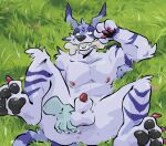 animal_genitalia animal_penis anthro balls bandai_namco bone canid canine canis digimon digimon_(species) digital_media_(artwork) disembodied_hand feral garurumon genitals grass hi_res looking_at_viewer male mammal nipples nude paws penis plant presenting ricky_wulff sheath smile solo spreading tail teeth wolf