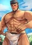  1boy abs absurdres armpit_hair artist_name bara beard blue_eyes blush bulge chest_hair cloud cloudy_sky erection erection_under_clothes facial_hair fire_emblem fire_emblem_engage forest fundoshi hairy highres japanese_clothes kageru_(mofnyan) large_pectorals looking_at_viewer male_focus manly mature_male mauvier_(fire_emblem) muscular muscular_male nature nipples outdoors pectorals pubic_hair short_hair signature sky solo thick_arms thick_eyebrows thick_thighs thighs upper_body 