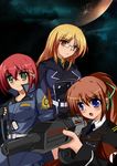  absurdres aiming alternate_uniform armband blonde_hair brown_hair crossover dog_tags drum_magazine fate_testarossa fingerless_gloves glasses gloves green_eyes gun hair_ornament hair_ribbon hairclip highres long_hair lyrical_nanoha magazine_(weapon) mahou_shoujo_lyrical_nanoha military military_uniform multiple_girls planet planetside ponytail purple_eyes red_hair ribbon rifle science_fiction short_hair takamachi_nanoha tianyu_jifeng uniform weapon yagami_hayate yellow_eyes 