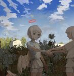  2girls androgynous angel angel_wings blue_sky brown_eyes building cloud cowboy_shot day detached_wings expressionless field from_side halo hand_grab highres multiple_girls no_eyes original outdoors outstretched_arms red_halo scenery shirt short_bangs short_hair short_sleeves shorts single_wing skkc_128 sky smile standing torn_wings tree white_hair white_shirt white_shorts wings 