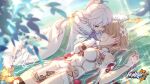  2girls bare_shoulders blue_nails breasts china_dress chinese_clothes closed_eyes closed_mouth copyright_name covered_eyes detached_sleeves dress flower fur_trim hair_flower hair_ornament hand_on_another&#039;s_face hand_on_another&#039;s_head highres honkai_(series) honkai_impact_3rd jewelry light_brown_hair logo long_hair lying multiple_girls nail_polish official_art on_back rita_rossweisse rita_rossweisse_(artemis) second-party_source theresa_apocalypse wading water white_hair zhuge_kongming_(honkai_impact) 