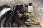  anthro male mammal mephitid scheriff sewing sewing_machine sitting skunk solo 