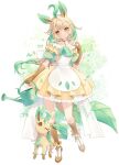  1girl 1other ahoge animal_ears blonde_hair braid brown_eyes brown_gloves brown_socks cosplay daisy dress flat_chest flower frilled_dress frills full_body gloves green_theme highres holding holding_watering_can huge_ahoge kishishiotani leaf leafeon leafeon_(cosplay) multicolored_hair pinafore_dress pokemon pokemon_(creature) puffy_short_sleeves puffy_sleeves short_sleeves sidelocks signature single_braid sleeveless sleeveless_dress socks standing streaked_hair watering_can yellow_dress 