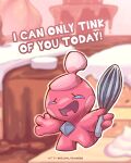  blurry blurry_background commentary english_text full_body highres holding holding_whisk kelvin-trainerk no_humans open_mouth outline pokemon pokemon_(creature) pun smile solo tinkatink twitter_username watermark whisk 