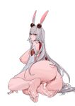  1girl absurdres animal_ears anus ass b9_(rrrqqq) breasts capelet cum cum_in_pussy cum_on_body cum_on_feet detached_sleeves feet from_behind furrowed_brow highres inverted_nipples large_breasts long_hair looking_at_viewer nude original pussy rabbit_ears red_button red_capelet red_eyes sitting sketch solo spread_pussy thighs very_long_hair white_background white_hair 