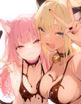  2girls :3 ai-assisted animal_ears bell bikini blonde_hair blue_eyes breasts cat_girl chocolate chocolate_bikini chocolate_dress chocolate_on_body collar eatsleep1111 food_on_body highres large_breasts light_smile multiple_girls neck_bell open_mouth original pink_eyes pink_hair simple_background swimsuit tail v 