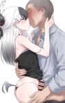  1boy 1girl ass bar_censor black_hair black_horns black_panties blue_archive blush censored ear_piercing erection french_kiss grey_halo grey_shirt halo hetero highres horns kayoko_(blue_archive) kayoko_(dress)_(blue_archive) kiss medium_hair multicolored_hair official_alternate_costume panties penis piercing pingpangpongpang precum red_eyes saliva shirt simple_background single_wing sweat tongue tongue_out two-tone_hair underwear white_background white_hair wings 