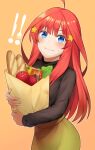  1girl ahoge apple bag baguette black_sweater blue_eyes bread brown_background closed_mouth commentary_request embarrassed food fruit go-toubun_no_hanayome green_skirt groceries grocery_bag hair_ornament light_blush long_hair long_skirt looking_at_viewer nakano_itsuki paper_bag pocky red_hair red_pepper shopping_bag simple_background skirt star_(symbol) star_hair_ornament sweatdrop sweater tsuchifumazu 