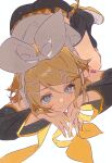  1girl absurdres blonde_hair blue_eyes bow ensoleillee hair_bow hair_ornament hair_ribbon hairpin highres kagamine_rin ribbon short_hair smile solo vocaloid white_background 