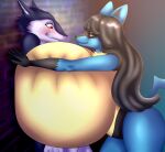 anthro bertyborts big_breasts bodily_fluids breast_expansion breast_squish breasts daganoth_(daganoth) duo expansion female generation_4_pokemon huge_breasts hybrid hyper hyper_breasts lucario male male/female nintendo pokemon pokemon_(species) sergal squish