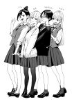  4girls blush cardigan character_name commentary_request full_body greyscale highres loafers looking_at_viewer monochrome multiple_girls original pantyhose pleated_skirt school_uniform shoes simple_background skirt smile v vest white_background yomu_(sgt_epper) 