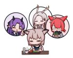  4girls :d =_= ahoge animal_ear_fluff animal_ears antlers arknights blue_dress brown_hair character_request chibi closed_eyes closed_mouth collared_shirt dress food forehead fox_ears glasses hair_over_one_eye hibiscus_(arknights) hibiscus_the_purifier_(arknights) horns jacket lxjun_09 multiple_girls myrrh_(fire_emblem) open_clothes open_jacket parted_bangs red_hair shirt simple_background smile sussurro_(arknights) sweat white_background white_jacket white_shirt 