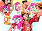  black_hair blue_eyes crossover cup equine female feral friendship_is_magic fur group gummy_(mlp) hair hat horse human irie-mangastudios male mammal monkey_d_luffy mug my_little_pony one_piece open_mouth pink_fur pink_hair pinkie_pie_(mlp) pirate pony 