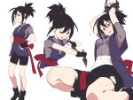  1girl arms_up asutora bike_shorts black_gloves black_hair breasts closed_mouth copyright_request fingerless_gloves gloves holding holding_weapon kunai medium_breasts multiple_views ninja open_mouth red_eyes restrained short_hair sidelocks simple_background smile standing teeth torn_bike_shorts torn_clothes trembling weapon white_background 