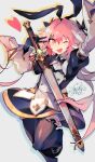  1boy animal_ears astolfo_(fate) astolfo_(saber)_(fate) astolfo_(saber)_(third_ascension)_(fate) black_bow black_bowtie black_gloves black_thighhighs bow bowtie dress drop_shadow fake_animal_ears fang fate/grand_order fate_(series) glint gloves grey_background hair_bow hair_intakes heart highres holding holding_sword holding_weapon long_hair long_sleeves low_twintails male_focus maon_(vava0210) multicolored_hair one_eye_closed open_mouth otoko_no_ko pink_eyes pink_hair purple_eyes rabbit_ears scabbard sheath sheathed signature skin_fang solo standing standing_on_one_leg streaked_hair sword thighhighs twintails v very_long_hair weapon white_hair wing_collar 