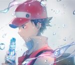  1boy backpack bag black_hair bottle brown_bag commentary from_side grey_eyes hat highres holding holding_bottle jacket looking_down male_focus pokemon pokemon_rgby popped_collar red_(pokemon) red_headwear shirt shiruko_(s1ruko) short_hair solo water_bottle water_drop white_background 