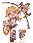  1girl agent_3_(splatoon_3) artist_name bike_shorts black_shorts blonde_hair bow_(weapon) braid braided_sidelock collarbone commentary eyebrow_cut fangs full_body highres holding holding_bow_(weapon) holding_weapon ink_tank_(splatoon) inkling_girl inkling_player_character long_hair looking_at_viewer one_eye_closed open_mouth pointy_ears shirt shoes shorts simple_background single_braid skin_fangs smallfry_(splatoon) splatoon_(series) splatoon_3 standing standing_on_one_leg tentacle_hair thick_eyebrows torn_clothes torn_shirt tri-stringer_(splatoon) twitter_username very_long_hair weapon white_background white_shirt yellow_eyes yksb_inc6 