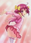  ass blush from_behind highres hoshizora_miyuki looking_back no_panties outstretched_arms pink_eyes pink_hair pink_vest precure ribbon shimashima_salmon short_hair skirt smile smile_precure! solo thighhighs vest wind wind_lift 