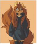 2024 absurd_res anthro apogee_(tinygaypirate) border brown_eyes brown_hair canid canine canis clothing countershade_legs countershade_thighs countershade_torso countershading domestic_dog ear_piercing female fingers front_view fur hair hi_res hip_tattoo hoodie inner_ear_fluff legwear long_hair long_tail looking_at_viewer mammal one_ear_up piercing simple_background solo standing tail tan_body tan_fur tattoo thigh_highs tinygaypirate topwear tuft