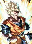  amputee belt blonde_hair blue_belt blue_shirt dougi dragon_ball dragon_ball_z green_eyes highres missing_limb orange_shirt scar scar_on_face scene_reference shirt simple_background son_gohan son_gohan_(future) spiked_hair super_saiyan super_saiyan_2 tkht_9315 