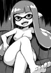  1girl :d absurdres breasts collarbone completely_nude feet highres inkling_girl inkling_player_character long_hair medium_breasts monochrome muramasa_mikado nipples nude open_mouth pointy_ears sitting smile solo splatoon_(series) teeth tentacle_hair upper_teeth_only 