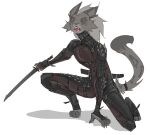 5_fingers alpha_channel anthro biped fangs felid feline fingers fur grey_body grey_fur holding_object holding_weapon jam_(artist) male mammal open_mouth simple_background solo tail teeth transparent_background weapon