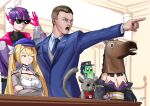  2girls 3boys absurdres ace_attorney blonde_hair breasts character_request cleavage crossed_arms dokibird_(vtuber) falseeyed green_eyes highres holding holding_phone horse_mask indie_virtual_youtuber khoaphan96 mask monkey multiple_boys multiple_girls phone purple_hair rima_evenstar sunglasses twintails 