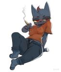 anthro barefoot biped blush breasts clothed clothing domestic_cat feet felid feline felis female hi_res mae_borowski mammal night_in_the_woods red_eyes s1ma simple_background smile smoking solo white_background yellow_sclera